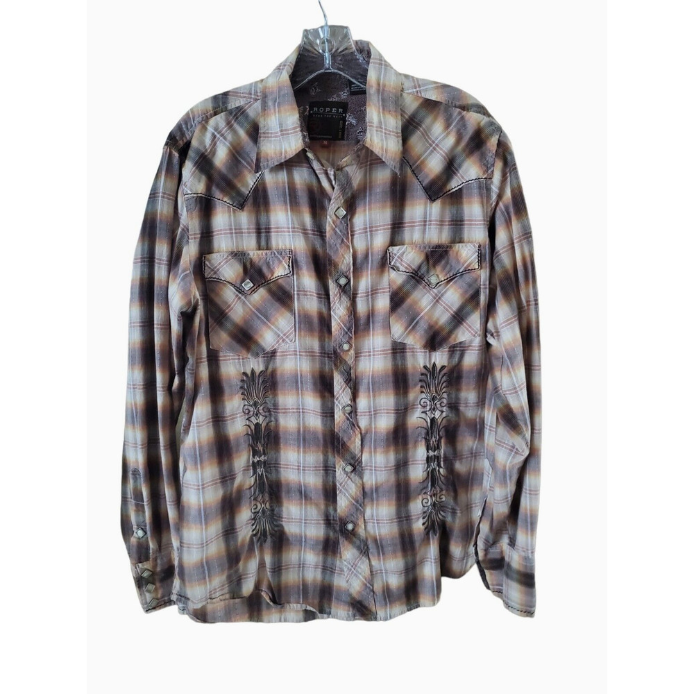 Roper Brown Plaid Cotton Embroidered Square Pearl Snap Western Shirt Sz M